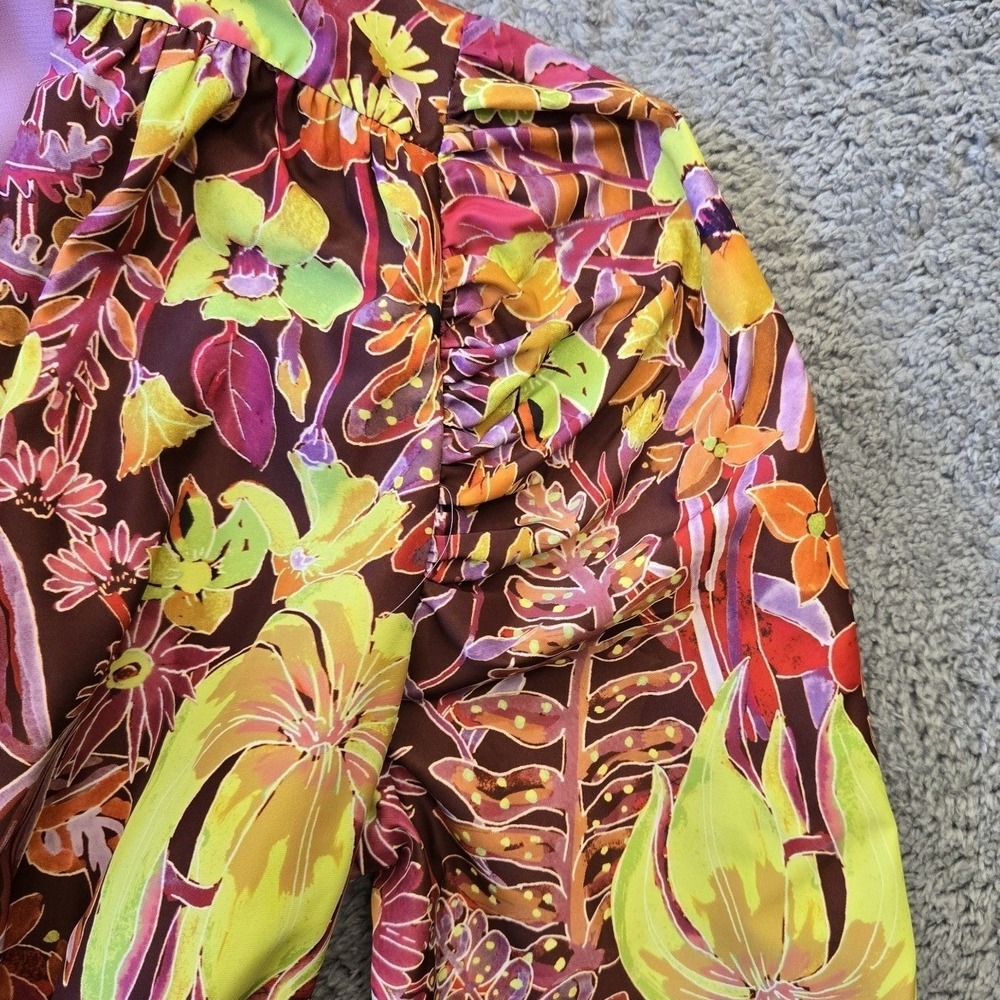 Marie Oliver Tiered Mini Dress Tropical Floral V Neck Long Sleeve Tie Waist XS - Picture 4 of 9